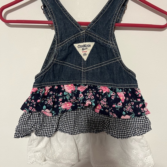 OSHKOSH B'Gosh Girl’s 3T Denim Tiered Jumper Dress Floral Gingham Eyelet - Picture 3 of 7